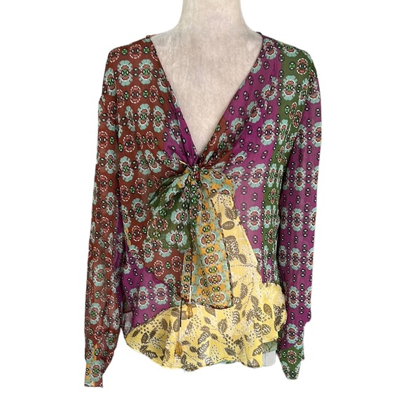 NWT Zara Semi Sheer Chiffon Paisley Printed Tie Neck Beaded Tassel Blouse - XL - Picture 9 of 16